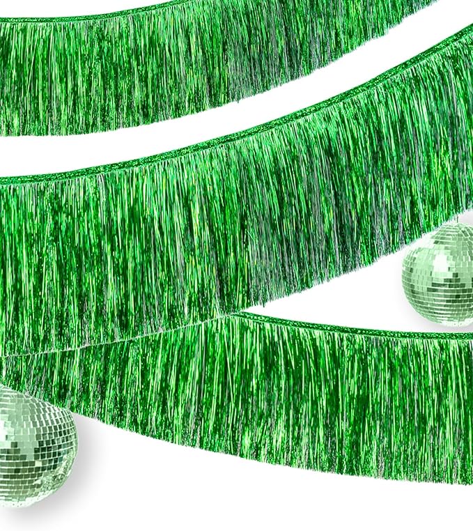 Premium Fringe Streamer Banner for Party Decoration -2 Pack, 4 Layer Thick Metallic Foil Tinsel Tassel Garland for Birthday Wedding Christmas Holiday Home Hanging Decor (Shiny-Green)