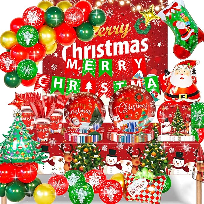Christmas Party Decorations Xmas Party Supplies Serves for 25-Balloon, Banner, tablecloth, Backdrop, Disposable Paper Plate, Cup, Napkins, Knife, Fork, Spoon