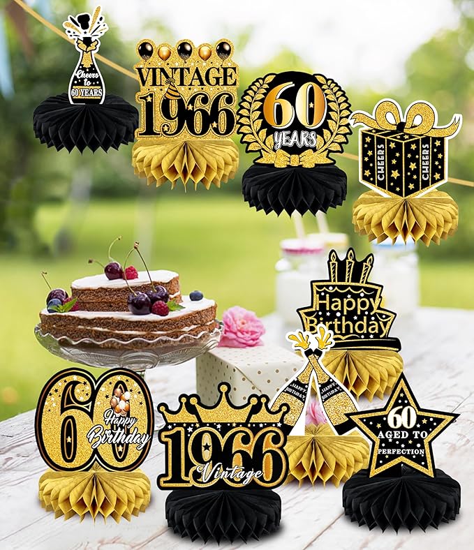 9 Pcs 60th Birthday Decoration for Men Women 60th Birthday Centerpieces for Tables Cheers to 60 Years Birthday Honeycomb Decor Birthday Table Topper Black and Gold 60th Birthday Party Favors