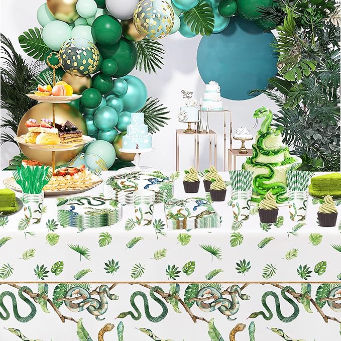 Snake Party Decorations - Reptile Theme Snake Birthday Party Supplies, Paper Plate, Cup, Napkin, Cutlery, Tablecloth, Jungle Swamp Camping Wilderness Snake Theme Party Tableware | Serve 24