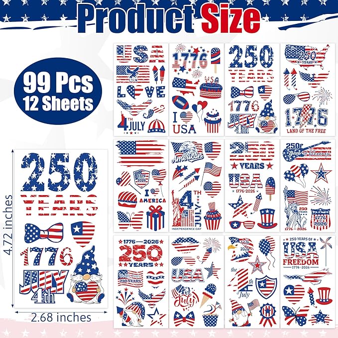 99 PCS 4th of July Temporary Tattoos, 12 Sheets Waterproof 4th of July Accessories, USA Flags Fireworks Eagles Independence Day Decorations, Patriotic Tattoos for Memorial Day Veterans Events