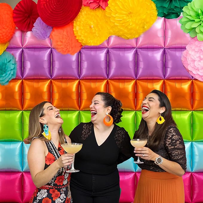HOMEZZO Fiesta Theme Balloon Wall Backdrop - 50 PCS Rainbow Square Double Sided Square Foil Balloons for Mexican Fiesta, Cinco de Mayo, Birthday, Taco Party Decorations