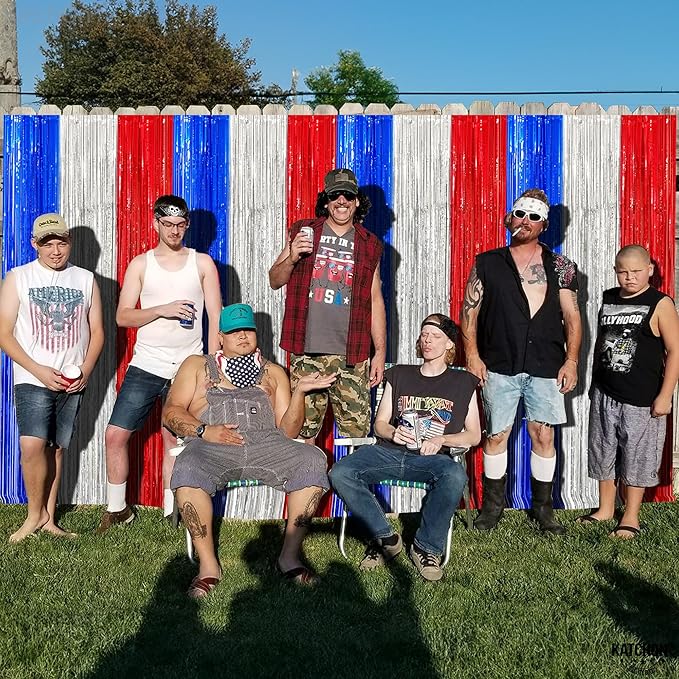 KatchOn, Red White and Blue Streamers - Xtralarge, 8x6.4 Feet, Pack of 2 | Red White And Blue Fringe Curtain for White Trash Party Decorations
