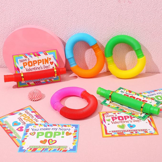 JOYIN 30 Packs Valentines Day Pop Tubes Fidget Toys for Kids, Stretchy Tube Stress Relief Fidget Toy for Kids Valentine's School Classroom Exchange Gift Rewards Party Favors Classroom Gifts