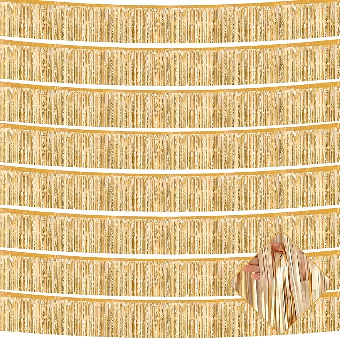 10 Pack 10 Feet Foil Fringe Garland Metallic Tinsel Streamers Banner Wall Hanging Curtain Backdrop for Parade Floats, Wedding, Disco, Birthday, Halloween, Christmas Party Decorations(Champagne Gold)