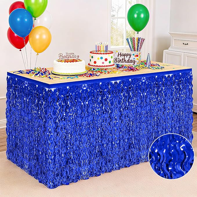 Navy Blue Table Skirt, 2 Pack Blue Foil Grass Table Skirt, Patriotic Metallic Wavy Tinsel Foil Fringe Table Skirts, Table Skirts for Birthday Graduations 4th of July Christmas Parade Party
