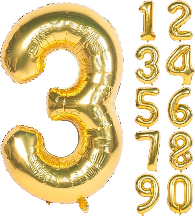 40 Inch Large Gold Number Balloons 3 Aluminum Foil Mylar Big Number Balloons 0-9 Suitable for Gold Birthday Parties, Weddings and Anniversary Photography