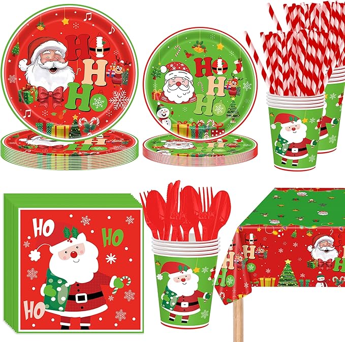 Christmas Party Decorations for 24 Guests – 193 PCS Xmas Party Supplies Set with Plates, Cups, Napkins, Cutlery, Straws & Tablecloth, Festive Tableware Kit for Home Dinner Picnic Holiday