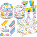Kochorie 194 Pieces Happy Easter Tableware Set Colorful Easter Bunny Egg Dinnerware Includes Paper Plates Cups Napkins Straws Plastic Cutlery Tablecloths for Spring Birthday Party Supplies, Serves 24