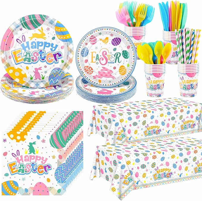 Kochorie 194 Pieces Happy Easter Tableware Set Colorful Easter Bunny Egg Dinnerware Includes Paper Plates Cups Napkins Straws Plastic Cutlery Tablecloths for Spring Birthday Party Supplies, Serves 24