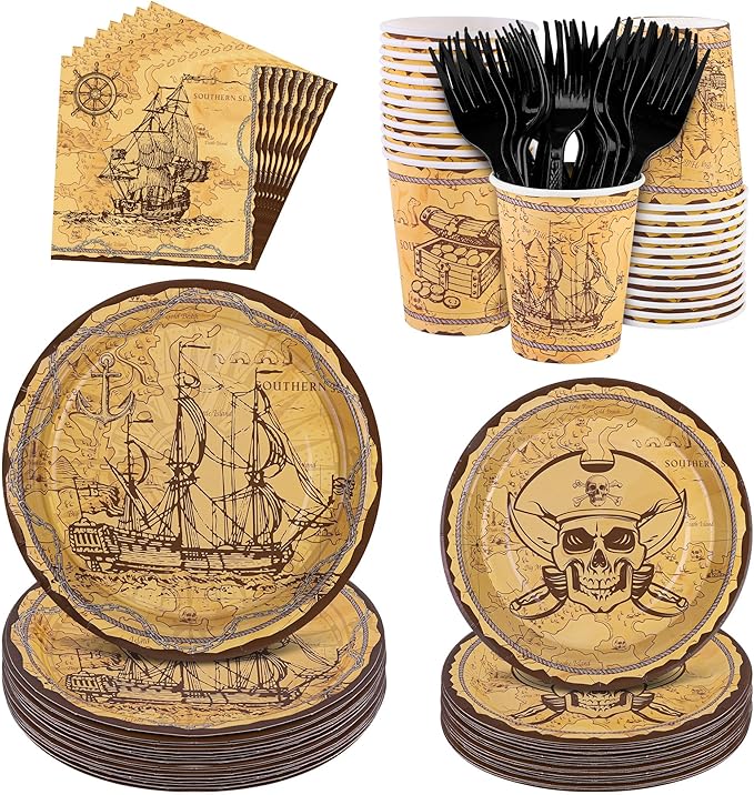 Kochorie 144 Pieces Pirate Party Supplies, Treasure Map Tableware Sets Including Disposable Paper Plates Napkins Cups Forks Serves 24 for Treasure Theme Birthday Party Decorations
