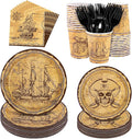 Kochorie 144 Pieces Pirate Party Supplies, Treasure Map Tableware Sets Including Disposable Paper Plates Napkins Cups Forks Serves 24 for Treasure Theme Birthday Party Decorations