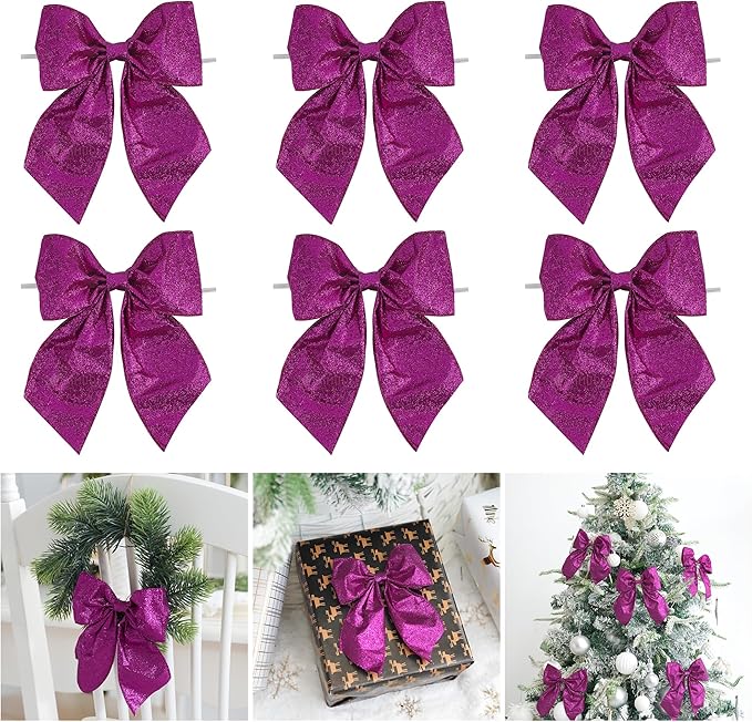 AIMUDI Purple Glitter Wired Ribbon Bows with Twist Tie 5.5" Premade Metallic Christmas Bows for Gift Wrapping, Wreath, Garland, Holiday Crafts Party Home Outdoor Christmas Tree Decorations, 12 PCs