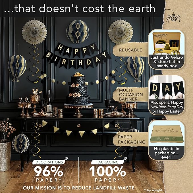 Premium Reusable Birthday Decorations - Multi-occasion Happy Birthday Banner also spells Party Day + more, Fast Assembly with Velcro - Black and Gold Party Decorations for Men and Women