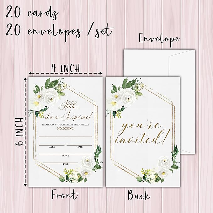 Shhh It's a Surprise Birthday Invitations, Greenery Floral Birthday Party Invitation Card, Surprise Birthday Party Favors & Celebration Supplies(20 Set of Invitations with Envelopes)-B27