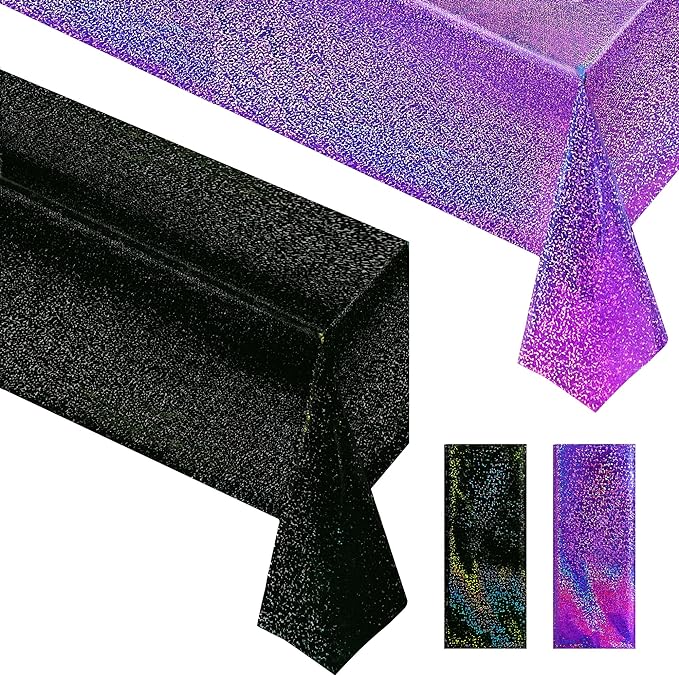 2 Pcs Black & Purple Holographic Laser Tablecloths Iridescence Shiny Table Covers 40" x 108" Halloween Decorations Space Plastic Table Cloths for Birthday Party Wedding Events Supplies