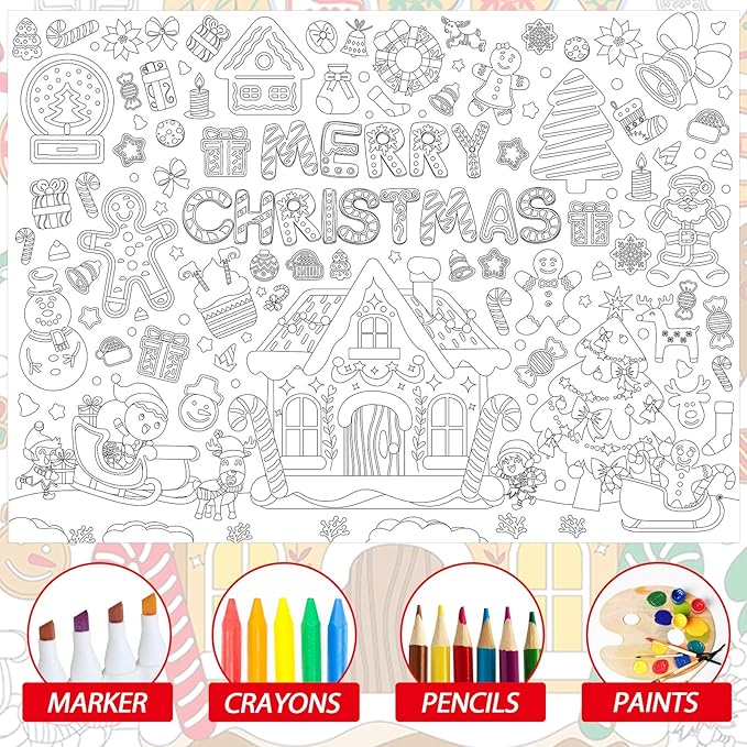 ZOIIWA Christmas Coloring Poster for Kids Giant Coloring Poster Large Gingerbread Man Coloring Tablecloth Jumbo Coloring Books for Kids Classroom Home Birthday Party Supplies Favor 31.4 x 43.3 Inch
