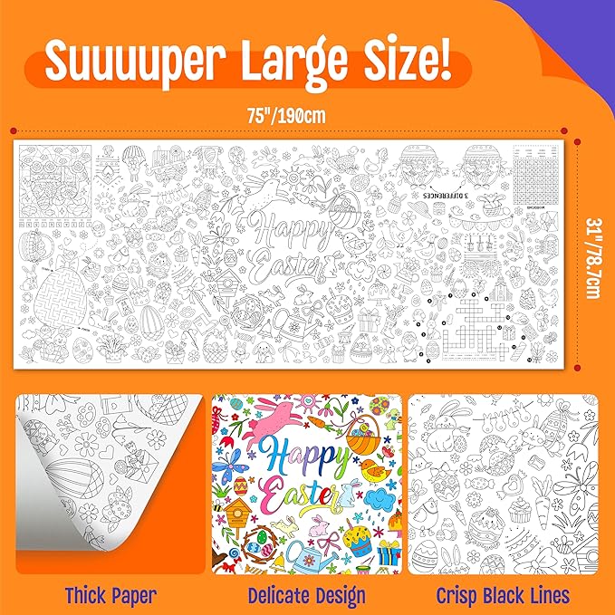 Easter Coloring Poster, Large Coloring Activity Paper 75” x 31” Jumbo Size Versatile Paper DIY Painting Drawing Banner/Tablecloth for School, Spring Theme Parties, Wall Decor