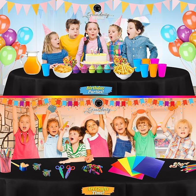 Grandipity 12 Pack Premium Disposable Plastic Tablecloth 84" Inch Decorative Round Table Cover - Black