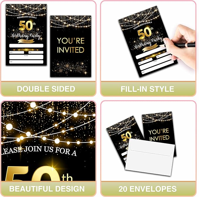 50th Birthday Invitations with Envelopes - Black Gold Glitter Fill-in Invites Cards - Surprise Birthday Party Invitation Card for Him/Her - Adults Birthday Party Favors Supplies Decorations (20 Pack)