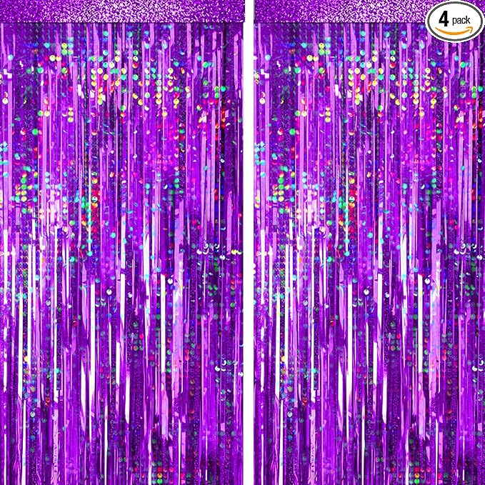 4 Packs Purple Foil Fringe Curtain, Purple Glitter Metallic Tinsel Backdrop for Birthday, Wedding, Baby Shower, Princess Bachelorette Christmas New Year Party Decorations Supplies