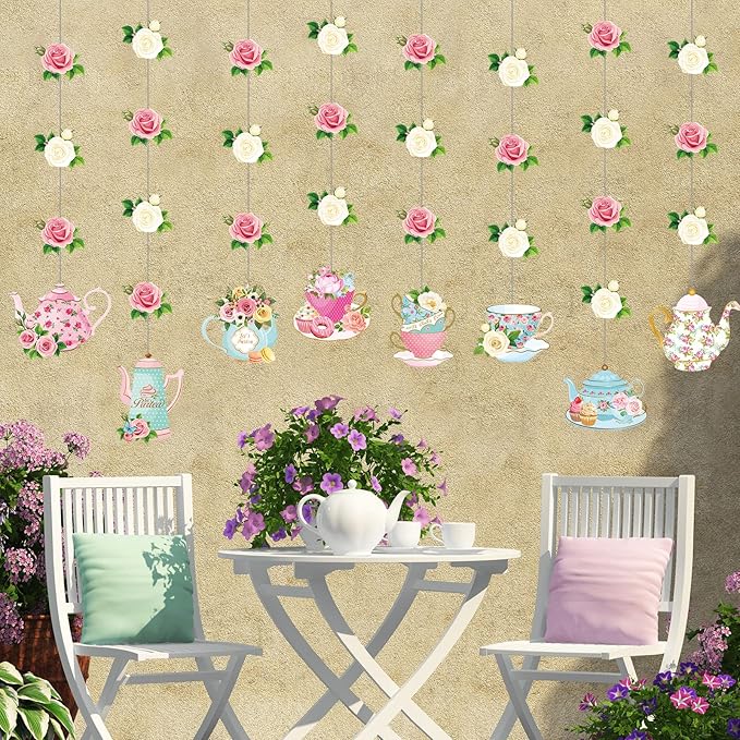 Faccito Floral Tea Party Decorations Double Sided Tea Party Hanging Garland Decor for Baby Shower Gender Reveal Bridal Wedding Favors Girls Women 32", 8 Pack