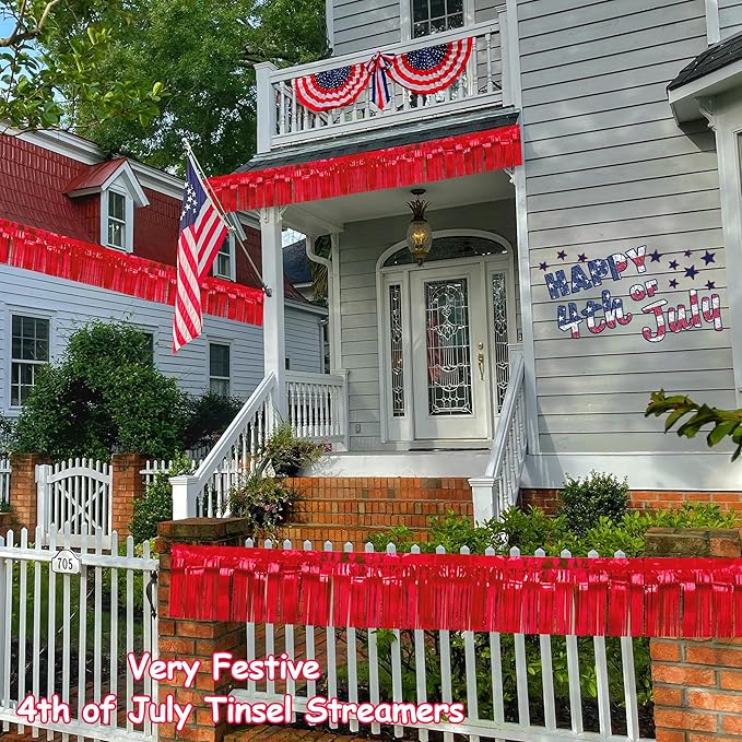 4 Packs Total 39 Feet Parade Floats for Trailer Car, Red Foil Fringe Garland Tinsel Streamers Hanging Backdrop Banner Table Skirts for 4th of July Graduation Homecoming Wedding Birthday Party Decor