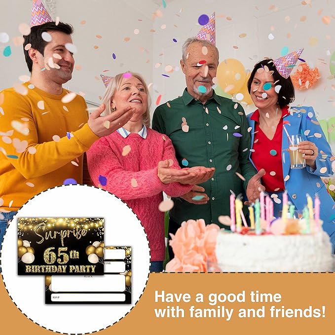 YSTEP 65th Birthday Party Invitations, 20 Black Gold Invite Cards with Envelopes, 4"x6" Foil Balloon Birthday Invites - B12