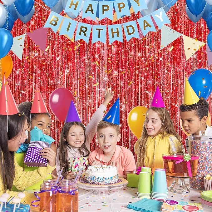 2 Pack Laser Red Foil Fringe Curtains Streamers Party Decorations 3.3 x 8.2 ft, Tinsel Curtain Fringe Backdrop for Parties, Door Fringe Birthday Streamers, Photo Booth Backdrops, Party Decor