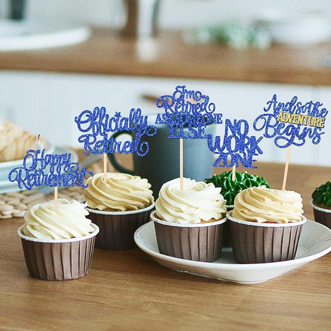 30 PCS Happy Retirement Cupcake Toppers Officially Retired Cake Toppers No Work Zone Adventure Begins Cupcake Picks for Retirement Theme Farewell Birthday Party Decorations Supplies Dark Blue