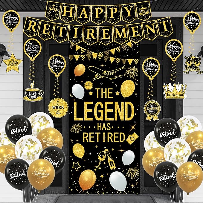 Roetyce Retirement Party Decorations for Men Women, Black Gold Happy Retirement Banner Balloons Hanging Swirls Kit, Lengend Has Retired Backdrop for Coworker, Office Retired Party Supplies