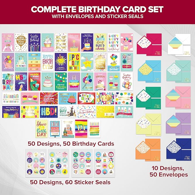 Decorably 50 Pack Foiled & Glittery 6x4in Assorted Adult & Kids Happy Birthday Cards Bulk with Envelopes & Stickers, 50 Unique Designs for Family, Friends & Loved Ones, Printed Message - Gifting