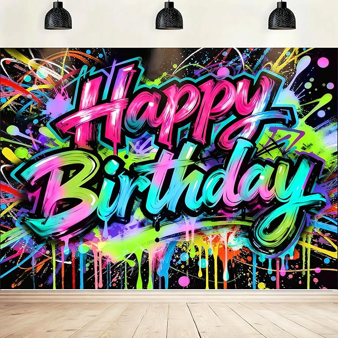Imirell Graffiti Happy Birthday Backdrop 7Wx5H Feet Colorful Painting Splatter Neon Glow in The Dark Polyester Fabric Modern Celebrate Party Photography Backgrounds Photo Shoot Decor Props Decoration