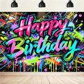 Imirell Graffiti Happy Birthday Backdrop 7Wx5H Feet Colorful Painting Splatter Neon Glow in The Dark Polyester Fabric Modern Celebrate Party Photography Backgrounds Photo Shoot Decor Props Decoration