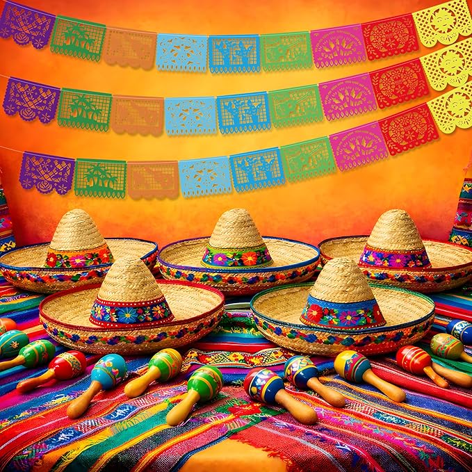 OHOME Cinco De Mayo Decorations - Papel Picado Banner Streams | Mexican Theme Birthday Backdrop Flag Para Fiesta Party Decorations for Taco Accessories Decor Party Favors Supplies