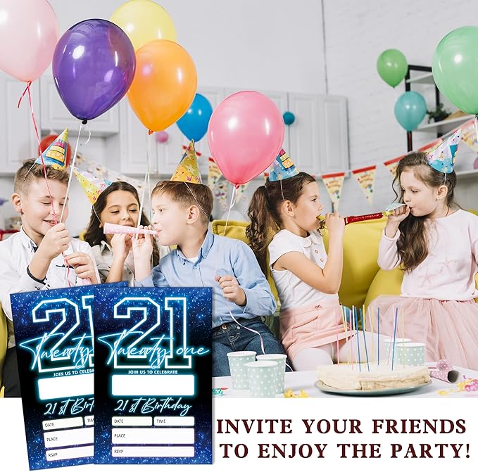 SIXEIGHT Blue 21st Birthday Invitations for Boys, Neon Glow Party Invitations for Girls Kids, 20 Pack Double Sided Invite Cards with Envelopes, 21st Glow Neon Birthday Party Decorations, 4x6 Inch-C54