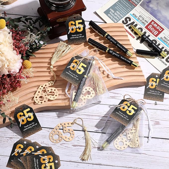 Spakon 25 Set 65th Birthday Party Favor for Guest Anniversary Party Favor Golden Birthday Bookmark Thanks for Coming Pen with Tag Appreciation Gifts for Women Men Wedding New Year