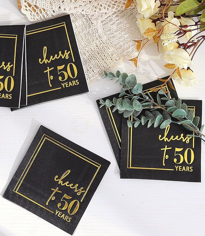 Cheers to Years Cocktail Napkins - 50 PK - 3-Ply Birthday Napkins 5x5 Inches Disposable Party Napkins Beverage Paper Napkins or Birthday Decorations Wedding Anniversary Black and Gold (50 Years)