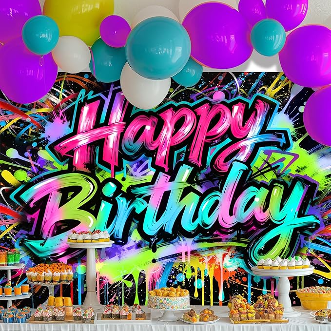 Imirell Graffiti Happy Birthday Backdrop 7Wx5H Feet Colorful Painting Splatter Neon Glow in The Dark Polyester Fabric Modern Celebrate Party Photography Backgrounds Photo Shoot Decor Props Decoration