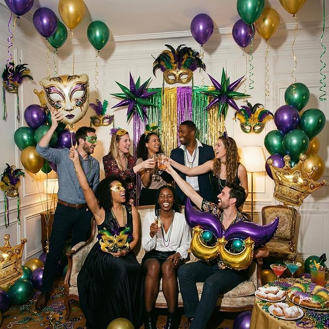 Mardi balloon garland arch kit Purple green gold with Fringe Curtain DIY Mask star Crown and Mask Balloons for Gorgeous Funny Grand Fat Tuesday Party decorations