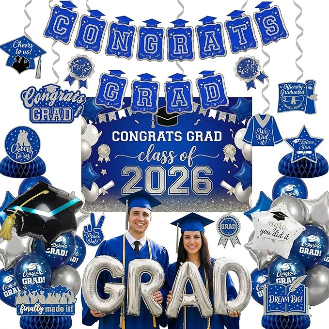 Royal blue silver Balloons GRAD Print Balloons with Banner Table Honeycomb Centerpieces Hanging Swirl backdrop Stars Graduation Cap GRAD Letters Mylar Balloons for 2026 graduate Prom Decorations