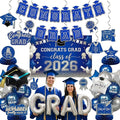 Royal blue silver Balloons GRAD Print Balloons with Banner Table Honeycomb Centerpieces Hanging Swirl backdrop Stars Graduation Cap GRAD Letters Mylar Balloons for 2026 graduate Prom Decorations