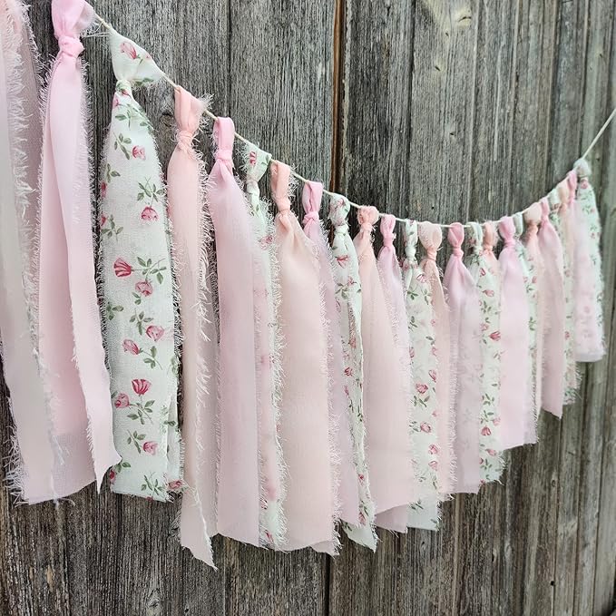 Pink Floral Tsaasel Garland for Wedding Spring Tea Party Haning Chiffon Tassel Banner Table Decor