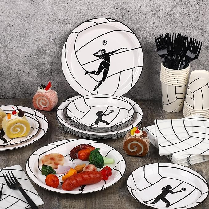 Kochorie 144 Pieces Volleyball Party Supplies, Sports Tableware Sets Including Disposable Paper Plates Napkins Cups Forks Serves 24 for Birthday Sports Volleyball Party Decorations