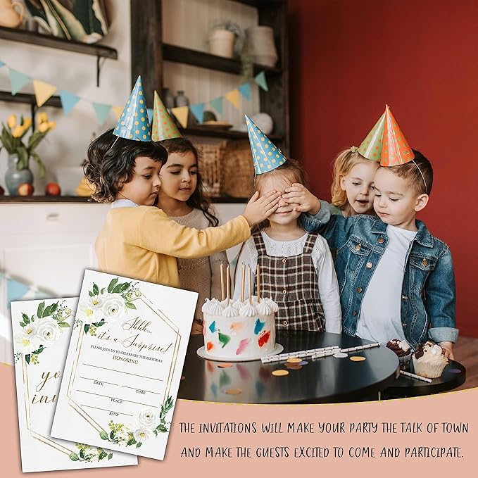 Shhh It's a Surprise Birthday Invitations, Greenery Floral Birthday Party Invitation Card, Surprise Birthday Party Favors & Celebration Supplies(20 Set of Invitations with Envelopes)-B27