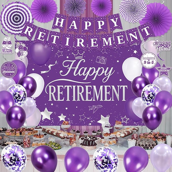 Holkcog Purple Retirement Party Decorations for Women, Silver Purple Happy Retired Banner Backdrop Paper fan Hanging Swirls for Coworker, I'm Retired Sash & Tiara Set, Great for Retiring Women Supply