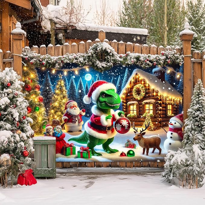 Christmas Banner Dinosaur Santa Claus Holiday Winter Wonderland Decorations Photo Backdrop Snow Scene Party Decor Tree Lights Gifts Reindeer Background for Wall 71 X 43 Inches