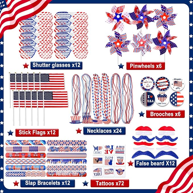 156 PCS 4th of July Accessories Patriotic Party Favors American Flags Glasses Slap Bracelets Pinwheels Tattoo Stickers Brooches Beards Necklaces for Independence Day Memorial Day