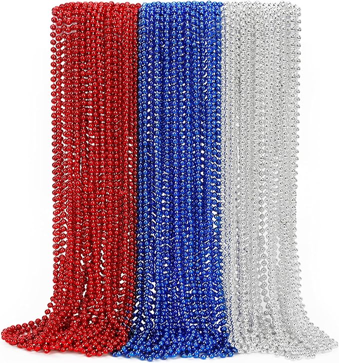 4th of July Necklace Decorations, 24PCS Veterans Day Beads Party Favors Bulk, Veterans Day Red Blue Silver Necklace, Independence Day Bead Bulk for Patriotic Parade Party Celebration Favors Decor