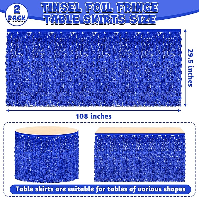 Navy Blue Table Skirt, 2 Pack Blue Foil Grass Table Skirt, Patriotic Metallic Wavy Tinsel Foil Fringe Table Skirts, Table Skirts for Birthday Graduations 4th of July Christmas Parade Party